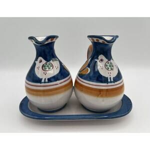 Vietri Solimene Italian Pottery Hand Painted Oil & Vinegar Cruets w Under Plate